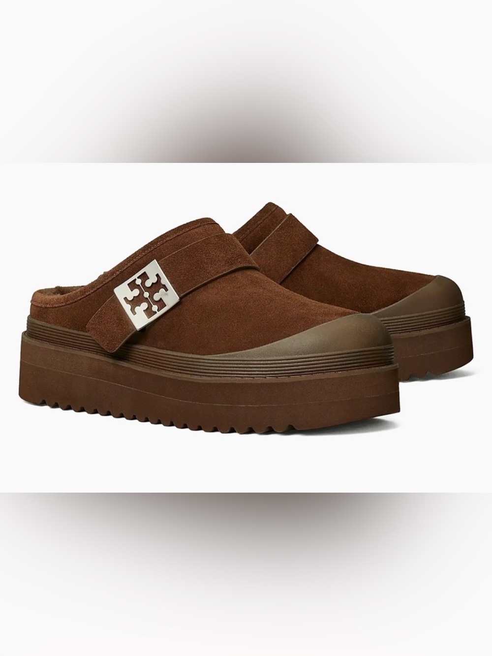 Tory Burch Mellow Shearling Platform Mule Suede Dark Cocoa Size 9 NEW - Picture 2 of 6
